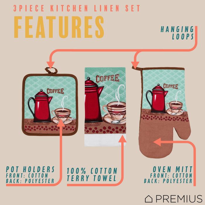 PREMIUS 3 Piece Printed Kitchen Linen Set, 1 Cotton Towel, 1 Pot Holder, 1 Oven Mitt