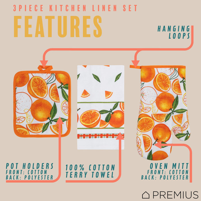 PREMIUS 3 Piece Printed Kitchen Linen Set, 1 Cotton Towel, 1 Pot Holder, 1 Oven Mitt