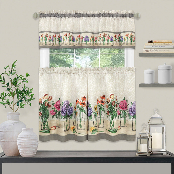 Achim Garden Bloom Printed Kitchen Curtain Set, Multi, Valance 58x13, Tiers 58x36 Inches