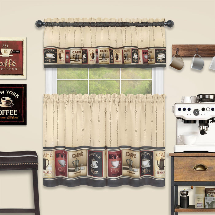 Achim Cozy Cafe Printed Kitchen Curtain Set, Tan-Black, Valance 58x13, Tiers 58x36 Inches