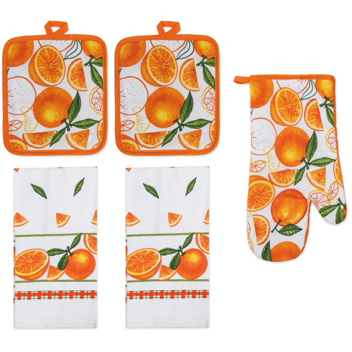 PREMIUS 5 Piece Printed Kitchen Linen Set, 2 Cotton Towels, 2 Pot Holders, 1 Oven Mitt