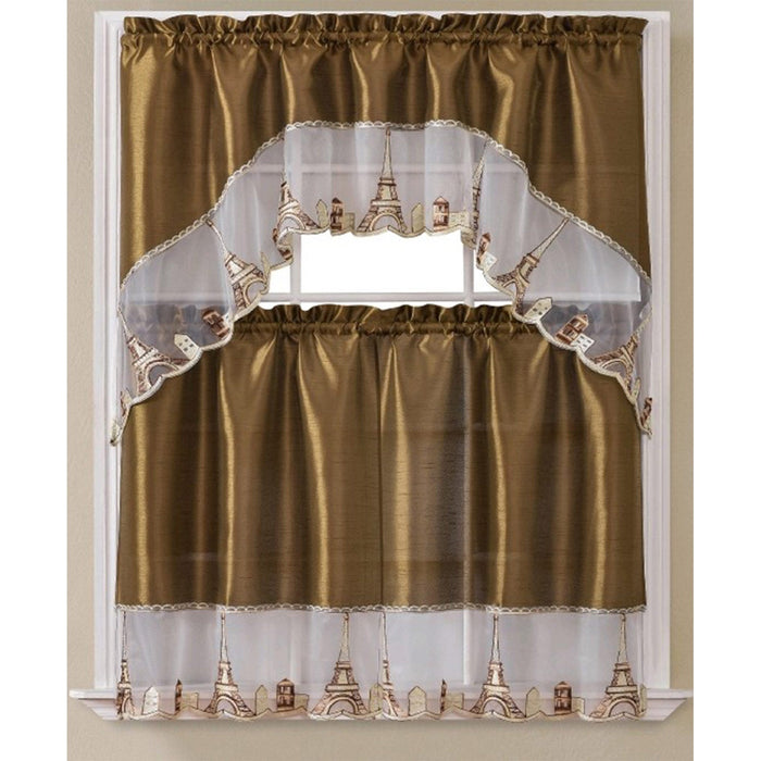 Paris Embroidered Kitchen Curtain Set, Swag 60x36, 30x36 Inches