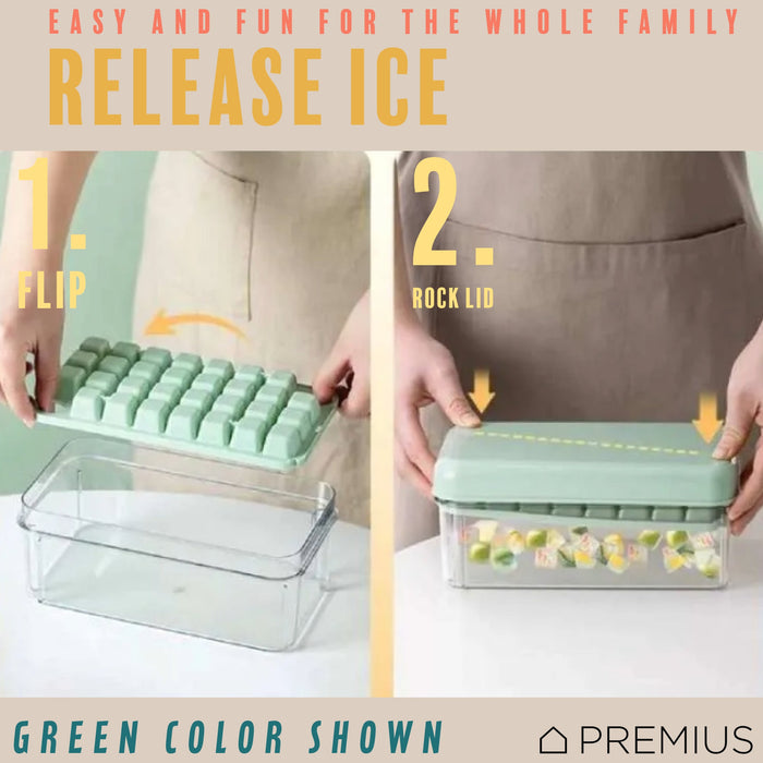 PREMIUS 2 Tray Ice Cube Tray with Container and Scoop, Yellow-Clear