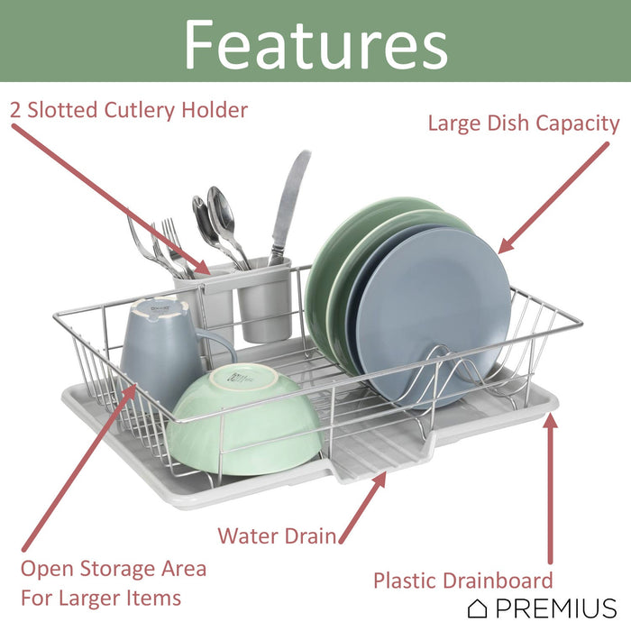 Premius 3-Piece Dish Drainer With Cutlery Holder, Grey, 19x12x5 Inches