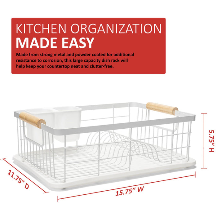 Premius 3 Piece Dish Rack With Bamboo Handles, White, 16.9x12.6x4.3 Inches