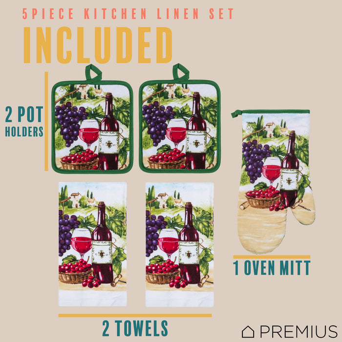 PREMIUS 5 Piece Printed Kitchen Linen Set, 2 Cotton Towels, 2 Pot Holders, 1 Oven Mitt