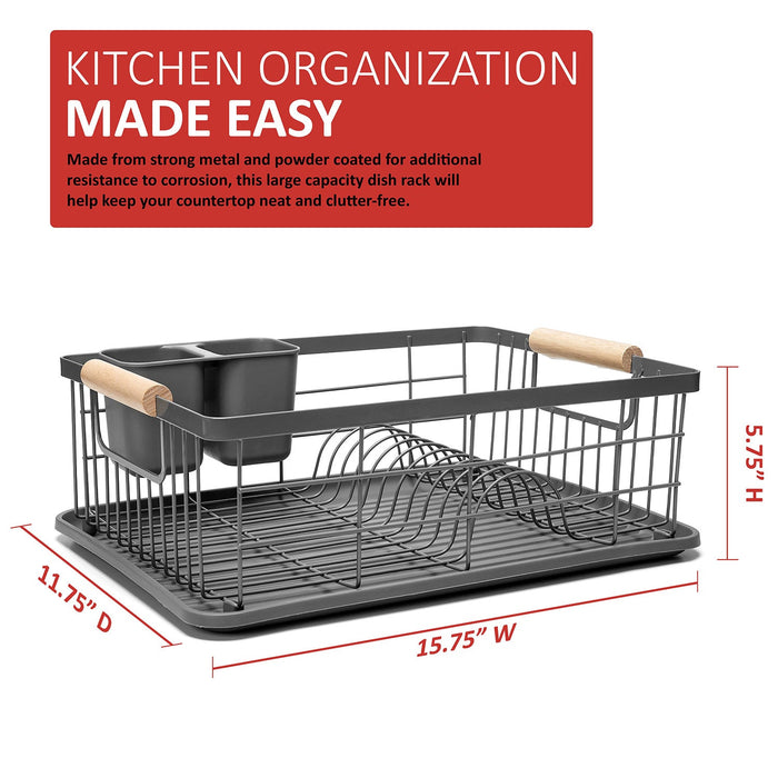 Premius 3 Piece Dish Rack With Bamboo Handles, Grey, 16.9x12.6x4.3 Inches