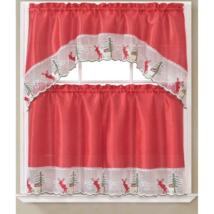 Holly Christmas Tree, Reindeer and Snow Flakes Kitchen Curtain Set, Red, Swag Valance 60x36, Tiers 30x36 Inches