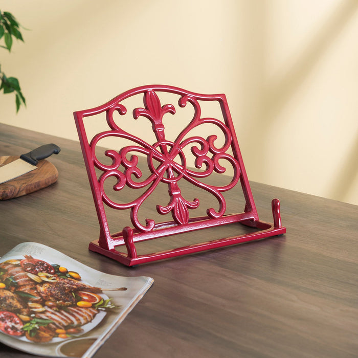 Home Basics Cast Iron Fleur De Lis Cookbook Stand, Red, 10.5x5.5x9 Inches