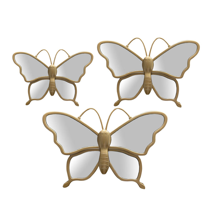 PREMIUS 3 Piece Butterfly Mirror Wall Decor Set, Gold, 14x12x10 Inches