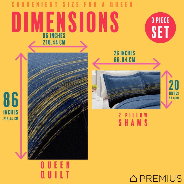 PREMIUS Leo 3 Piece Microfiber Wrinkle-Free Quilt Set, Navy-Gold