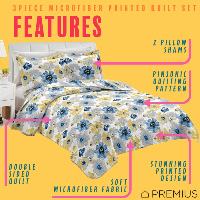 PREMIUS Eliana 3 Piece Microfiber Wrinkle-Free Quilt Set, Blue-Yellow