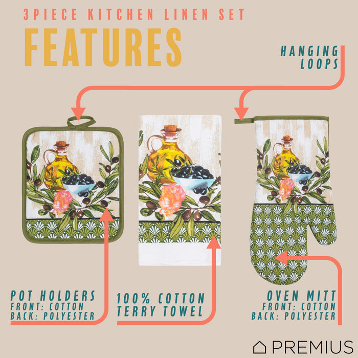 PREMIUS 3 Piece Printed Kitchen Linen Set, 1 Cotton Towel, 1 Pot Holder, 1 Oven Mitt