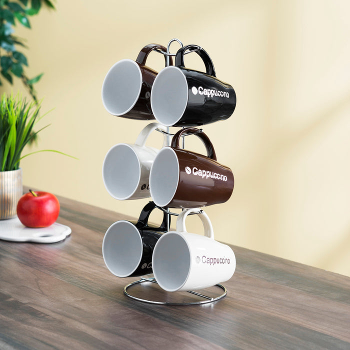 Home Basics 6-Piece Ceramic Mug Set With Stand, Cappuccino