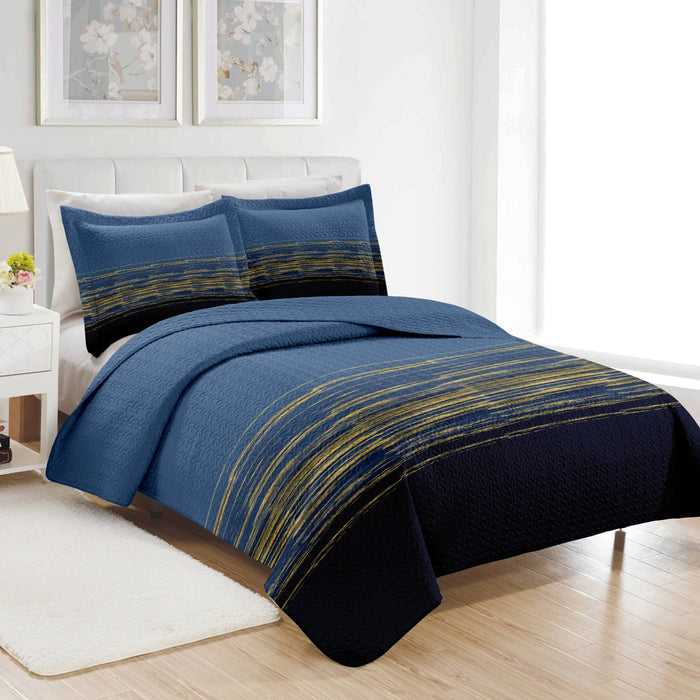 PREMIUS Leo 3 Piece Microfiber Wrinkle-Free Quilt Set, Navy-Gold