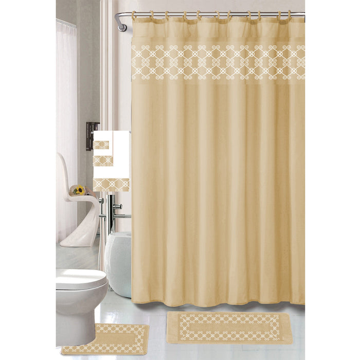 Tristan 18 Piece Shower Curtain with Embroidered Non-Slip Bath Rug and Towel Set