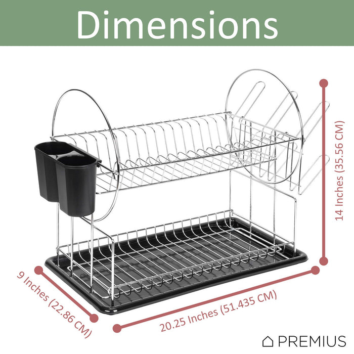 Premius 2-Tier Chrome Finished Drying Dish Rack, Black, 20.25x9x14 Inches