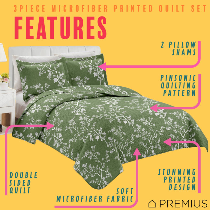 PREMIUS Fernando 3 Piece Microfiber Wrinkle-Free Quilt Set, Green-White