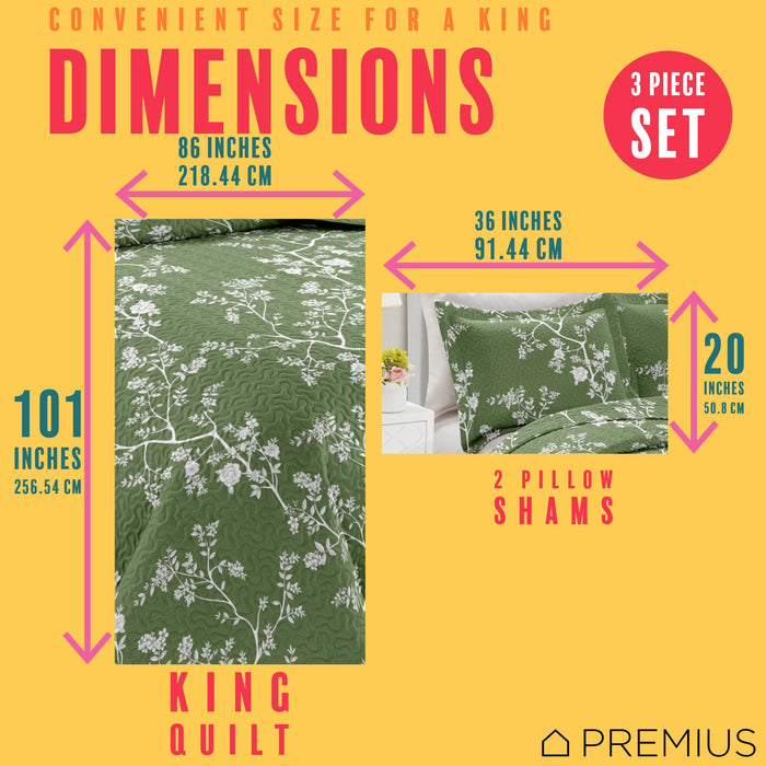 PREMIUS Fernando 3 Piece Microfiber Wrinkle-Free Quilt Set, Green-White