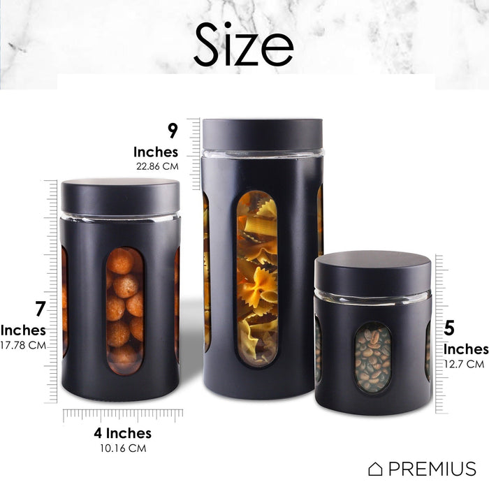 Premius Airtight 3-Piece Kitchen Glass Canister Set, Matte Black