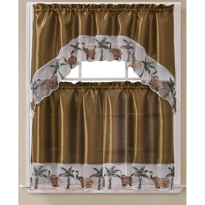 Elephant Embroidered Kitchen Curtain Set, Swag 60x36, 30x36 Inches