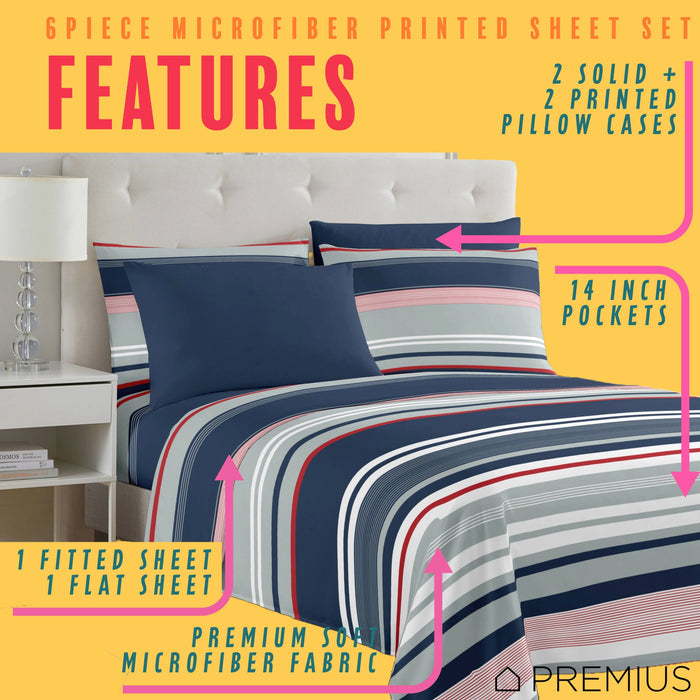 PREMIUS Mateo Soft Wrinkle-Free Microfiber Sheet Set, Blue-Multi-Striped