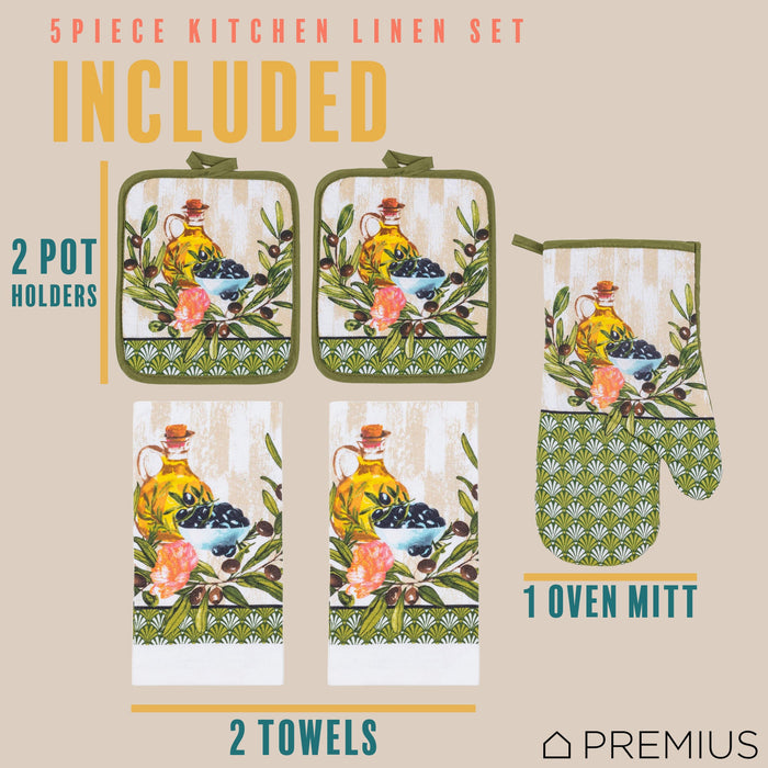 PREMIUS 5 Piece Printed Kitchen Linen Set, 2 Cotton Towels, 2 Pot Holders, 1 Oven Mitt