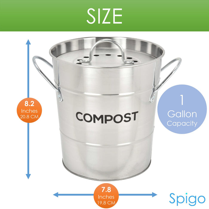 Spigo Steel Kitchen Compost Bin With Vented Charcoal Filter and Bucket, Satin Silver, 1 Gallon