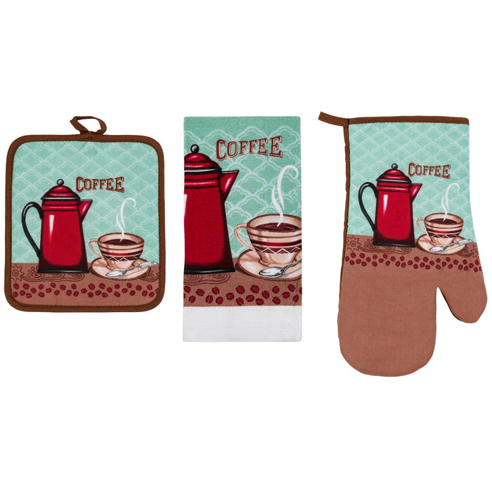 PREMIUS 3 Piece Printed Kitchen Linen Set, 1 Cotton Towel, 1 Pot Holder, 1 Oven Mitt