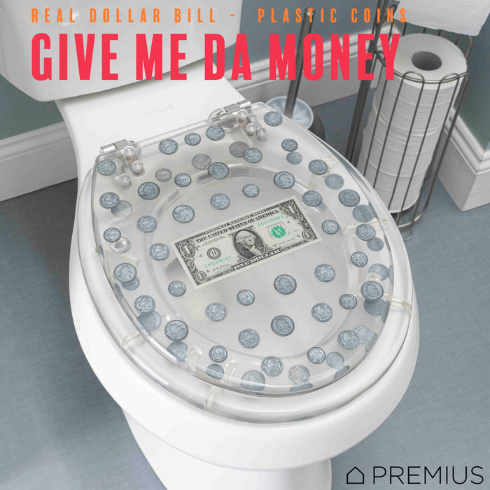 PREMIUS Polyresin Dollar Bill & Coins Money Toilet Seat, Clear, Standard Round, 17 Inches