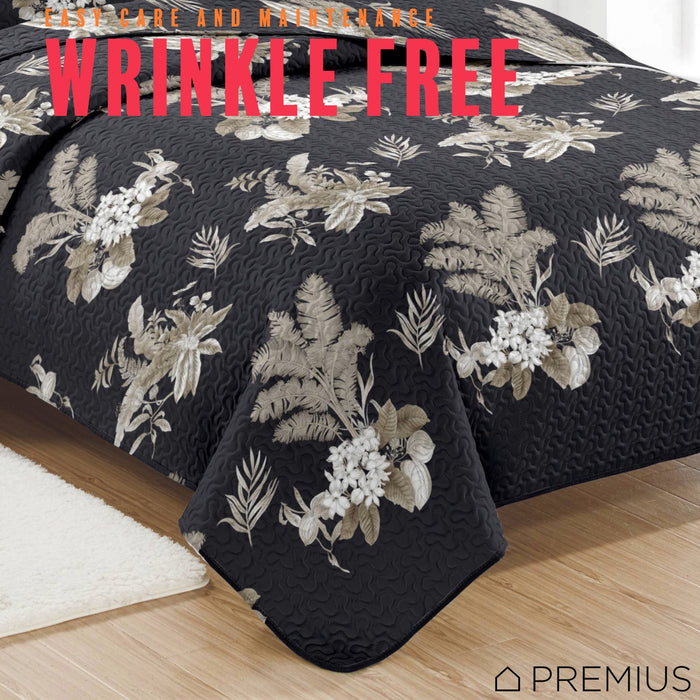 PREMIUS Mia 3 Piece Microfiber Wrinkle-Free Quilt Set, Black-Taupe