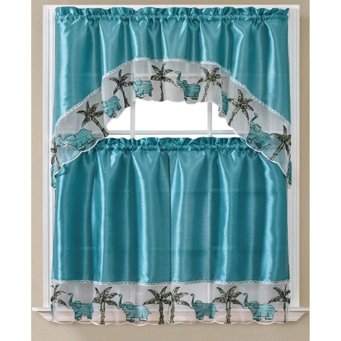 Elephant Embroidered Kitchen Curtain Set, Swag 60x36, 30x36 Inches