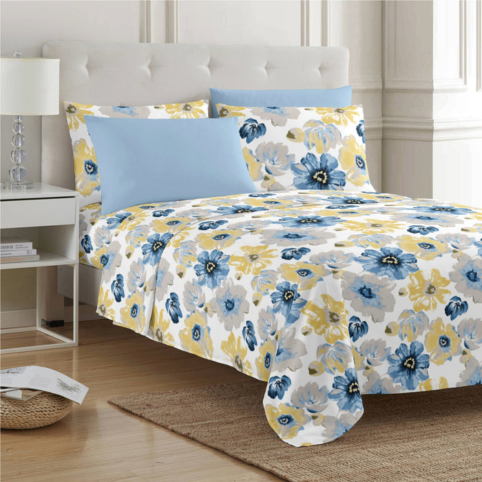 PREMIUS Eliana Soft Wrinkle-Free Microfiber Sheet Set, Blue-Yellow