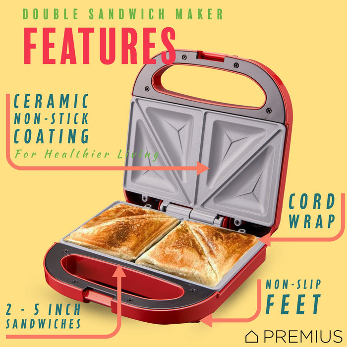 PREMIUS Ceramic Non-Stick Double Slice Sandwich Maker, 8.25x4.75 Inch Mold