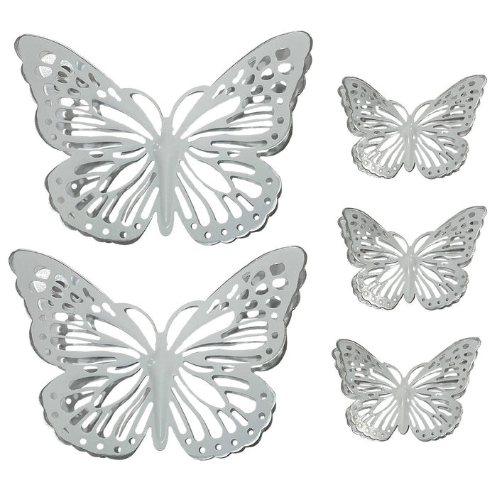 PREMIUS 5 Piece Metal Butterfly Wall Decor Set, White-Silver, (3) 6 Inches, (2) 12 Inches