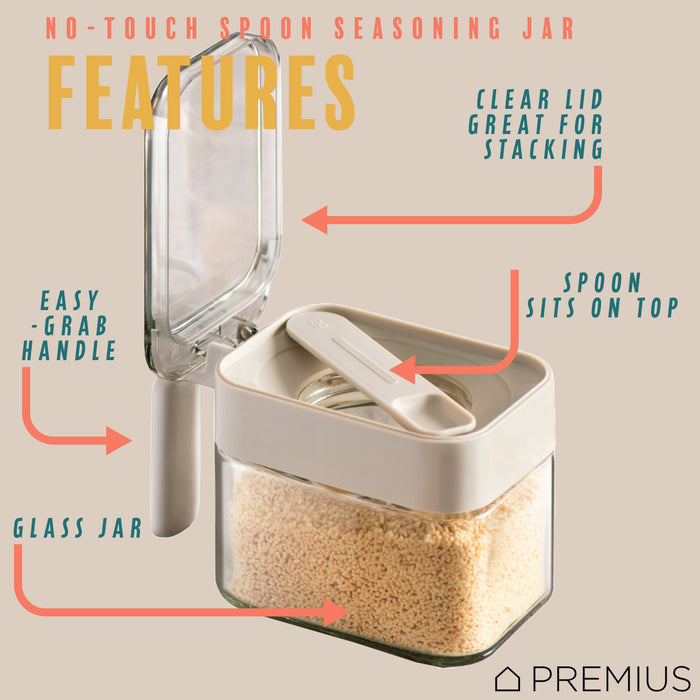 PREMIUS Stacking Glass Seasoning Spice Jar with No-Touch Spoon and Lid, White, 10.58 Ounces