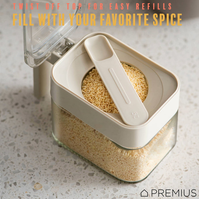 PREMIUS Stacking Glass Seasoning Spice Jar with No-Touch Spoon and Lid, White, 10.58 Ounces