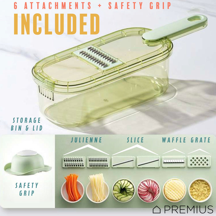 PREMIUS 6-In-1 Mandoline Slicer with Storage Bin and Handle, Green-Clear, 1.5 Quarts