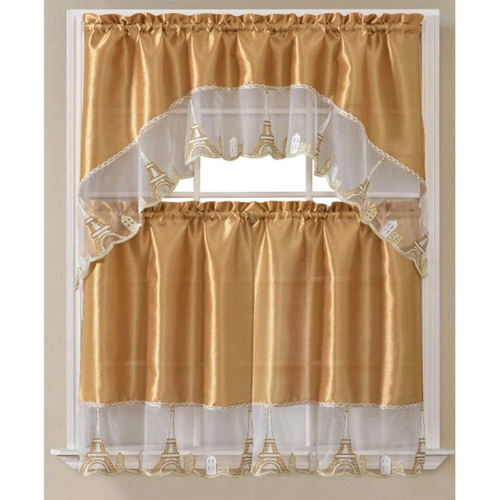 Paris Embroidered Kitchen Curtain Set, Swag 60x36, 30x36 Inches