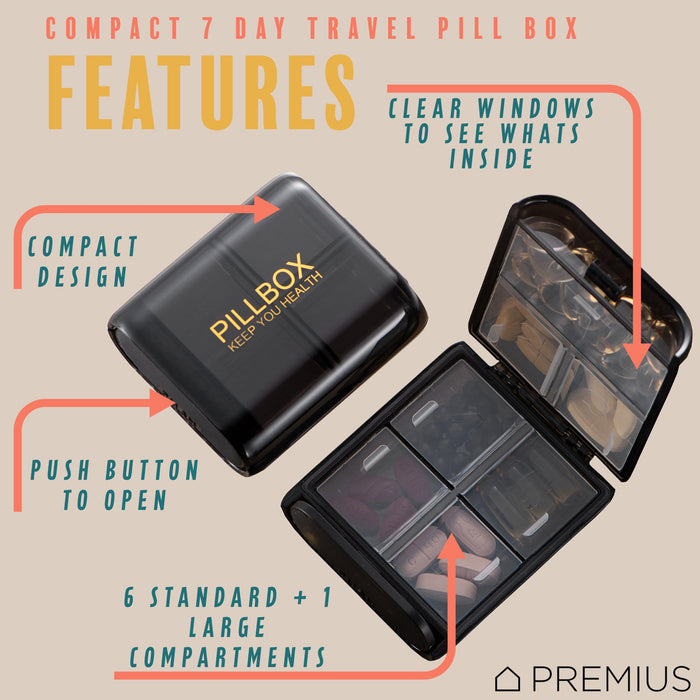 PREMIUS 7 Day Compact Travel Foldable Pill Organizer Box, Clear-Black, 3.3x2.95x1.18 Inches