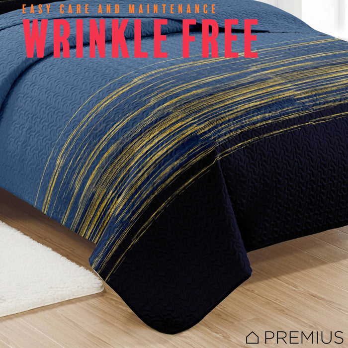 PREMIUS Leo 3 Piece Microfiber Wrinkle-Free Quilt Set, Navy-Gold
