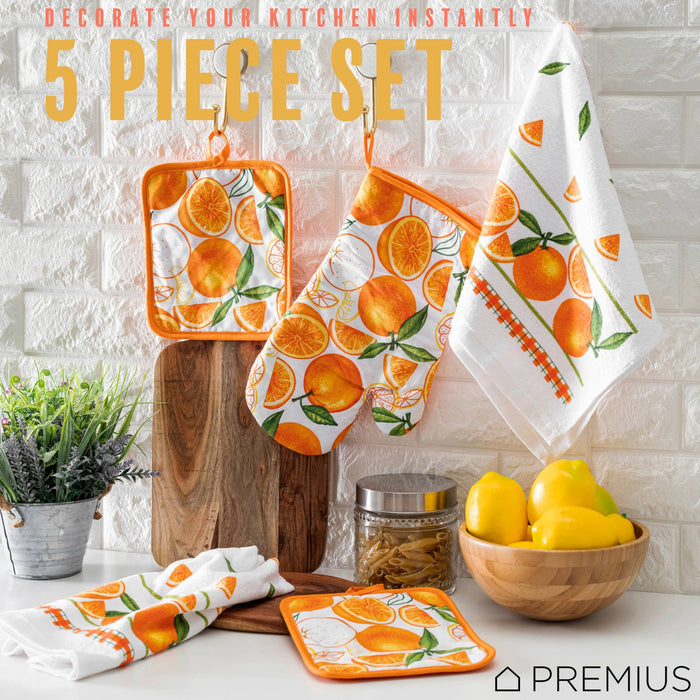 PREMIUS 5 Piece Printed Kitchen Linen Set, 2 Cotton Towels, 2 Pot Holders, 1 Oven Mitt