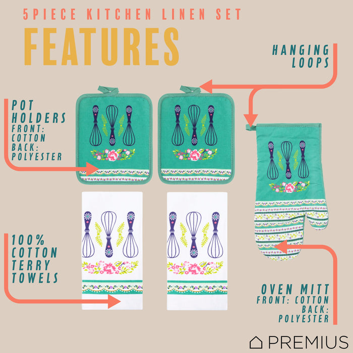 PREMIUS 5 Piece Printed Kitchen Linen Set, 2 Cotton Towels, 2 Pot Holders, 1 Oven Mitt