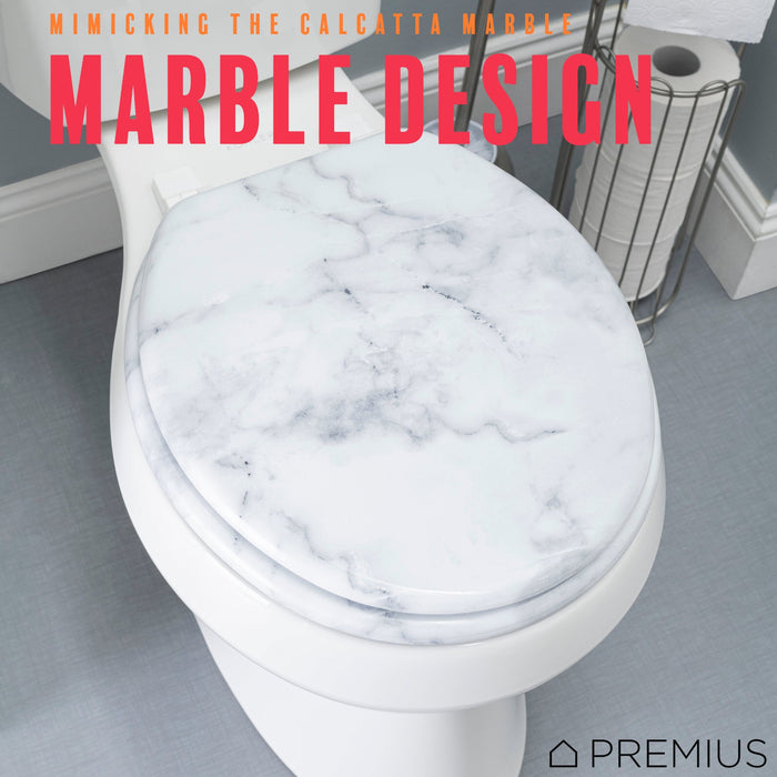 PREMIUS Wood Toilet Seat, White Marble, Standard Round, 17 Inches