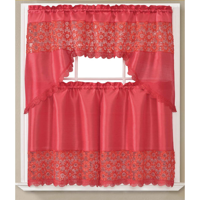 Juana Floral Kitchen Curtain Set with Fringes, Red, Swag Valance 60x36, Tiers 30x36 Inches