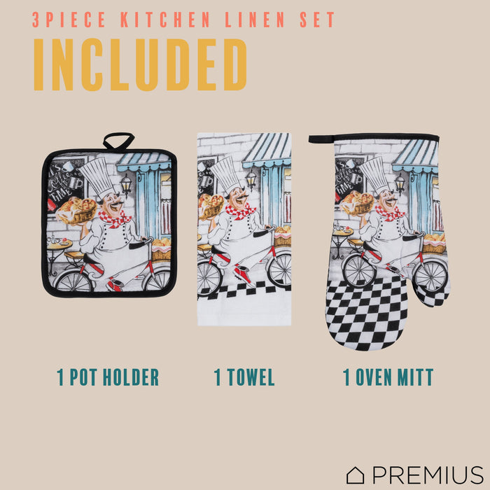 PREMIUS 3 Piece Printed Kitchen Linen Set, 1 Cotton Towel, 1 Pot Holder, 1 Oven Mitt