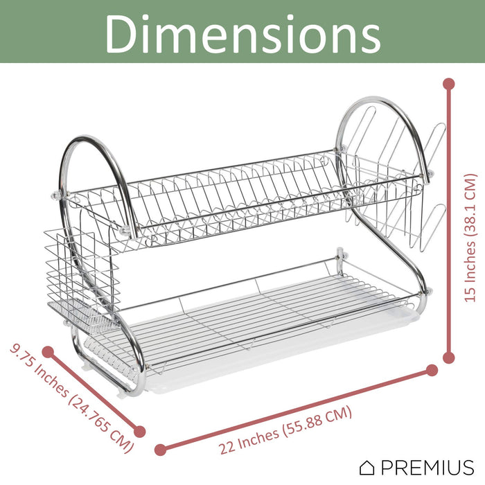 Premius 2-Tier S-Shape Dish Rack With Drainage Tray and Cutlery Holder, Chrome, 22x9.75x15 Inches