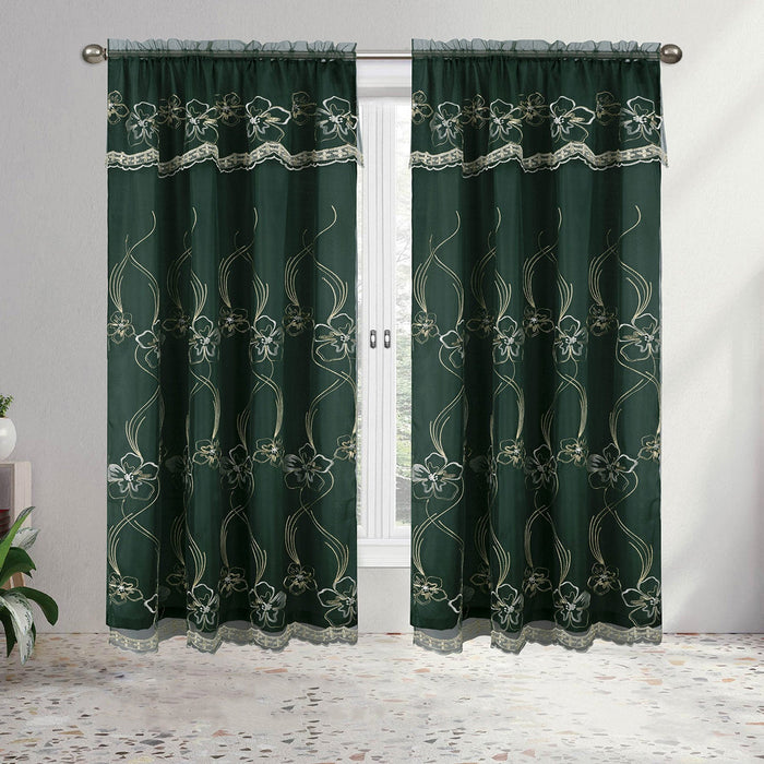 Amira Floral Embroidery Window Panel with Valance and Backing, 55x84 Inches