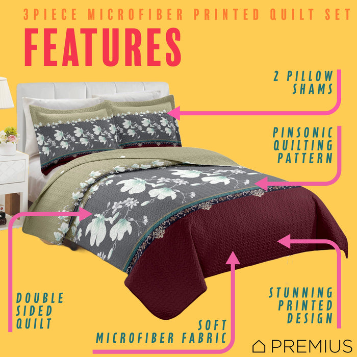 PREMIUS Scarlett 3 Piece Microfiber Wrinkle-Free Quilt Set, Brick-Gray-Beige