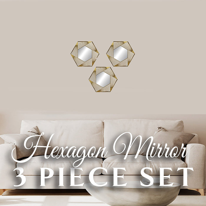 PREMIUS 3 Piece Plastic Mesh Hexagon Wall Decor Mirror Set, Gold, 10 Inches